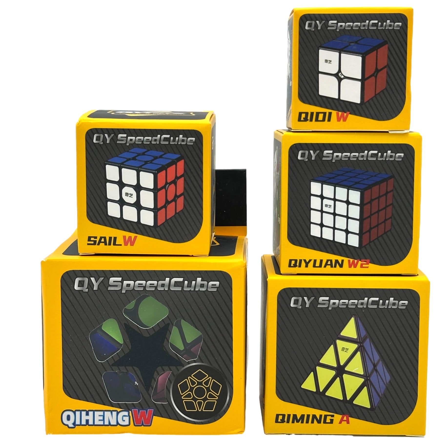 Boxes of Qiyi SpeedCubes with various Rubik's Cube types and names on yellow boxes with a black and gray graphic.